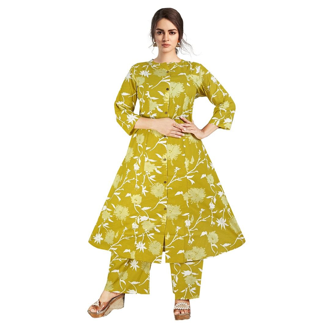 Authenzaa Women 2 Pcs Kurti Set ATKS043 Dark Mustard 