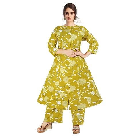 Authenzaa Women 2 Pcs Kurti Set ATKS043 Dark Mustard 