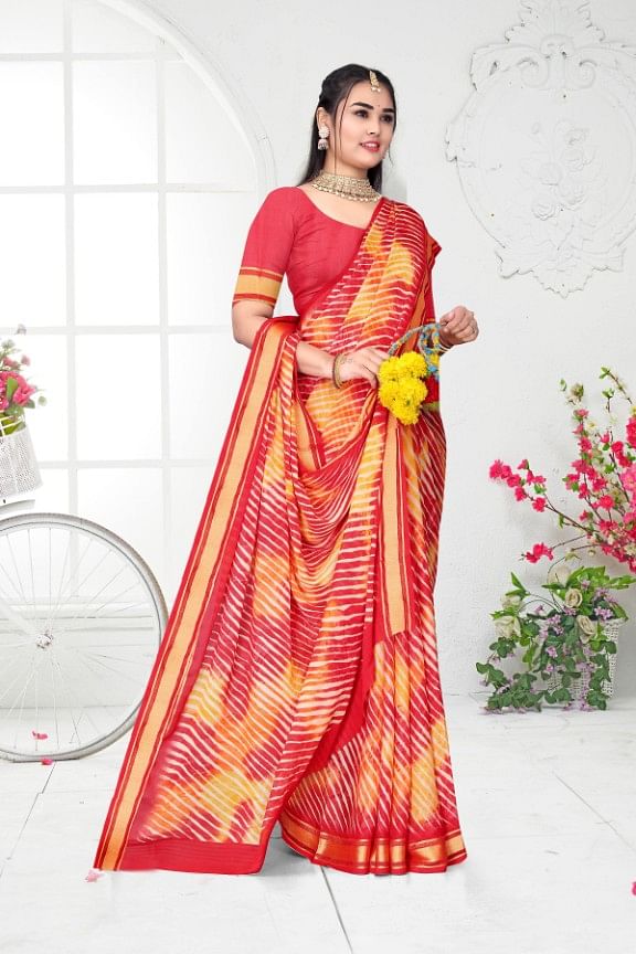 Authenzaa Women Leheriya Saree ASWS168 Red
