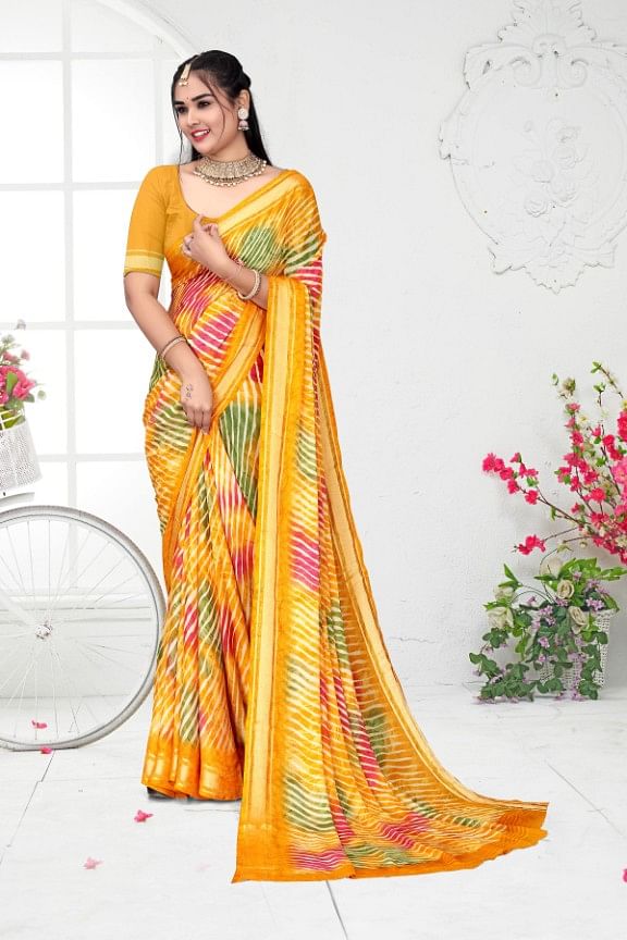 Authenzaa Women Leheriya Saree ASWS168 Yellow