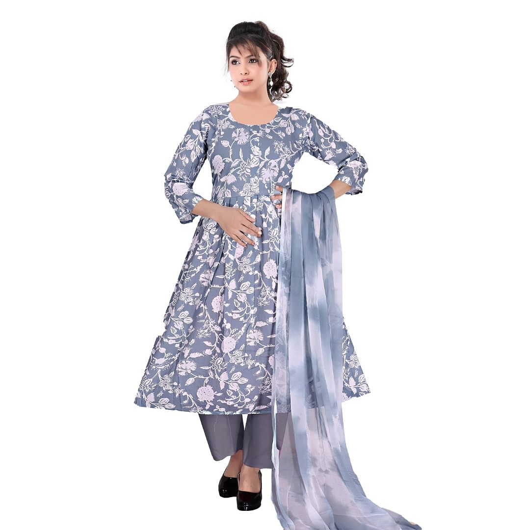 Authenzaa Women 3 Pcs Kurti Set KDKS007 White Grey 