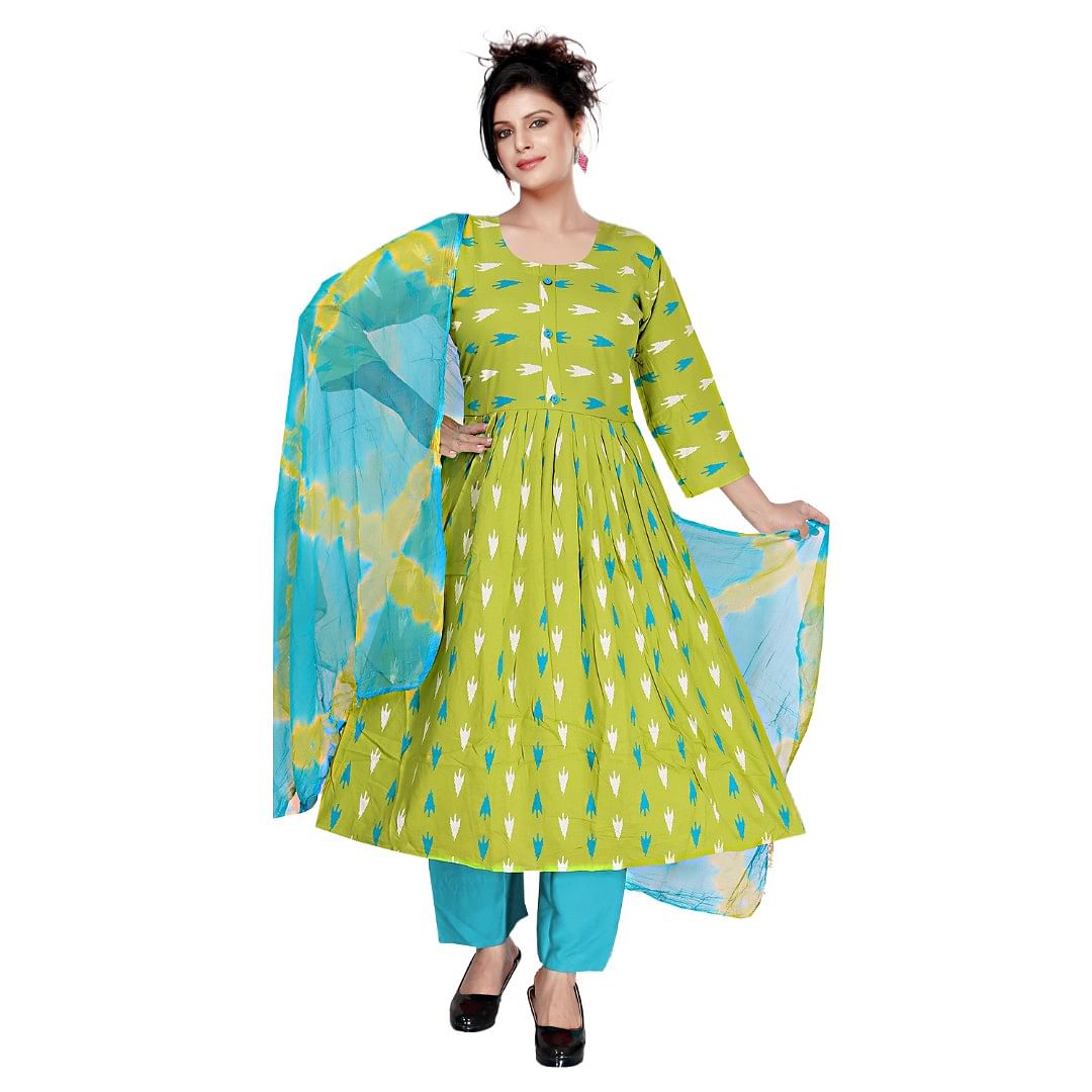 Authenzaa Women 3 Pcs Kurti Set KDKS008 Green 