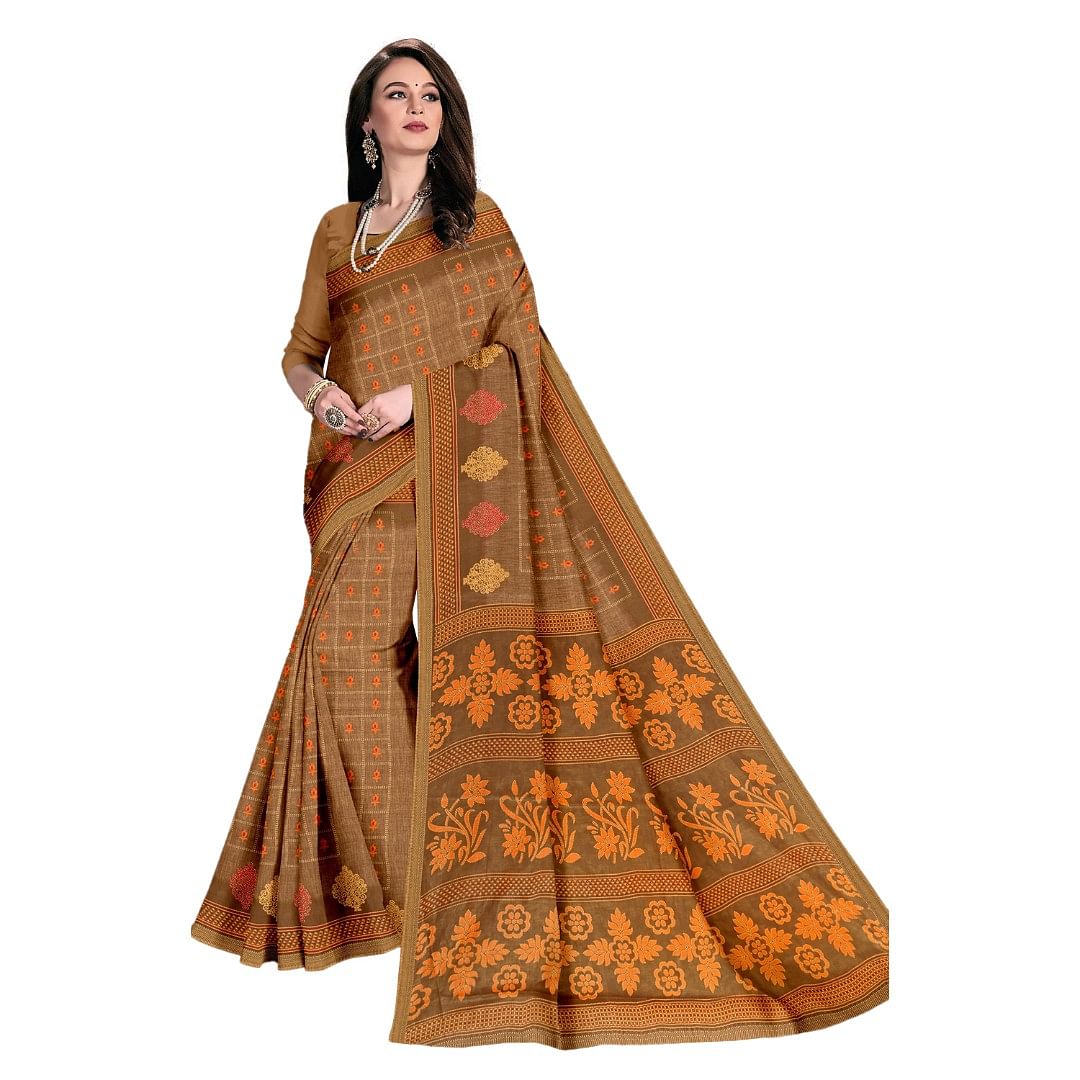 Authenzaa Women Cotton Saree ATWS002 Brown