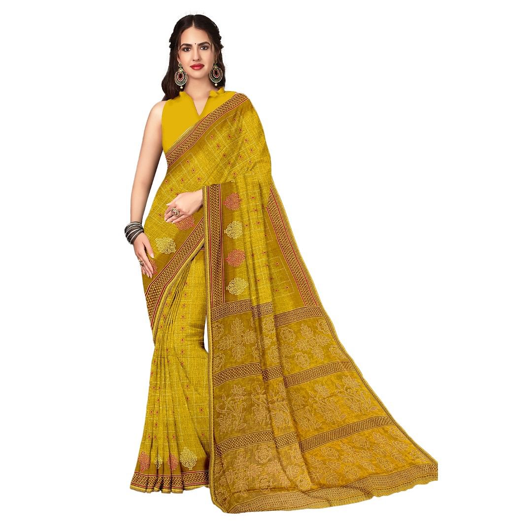 Authenzaa Women Cotton Saree ATWS002 Golden