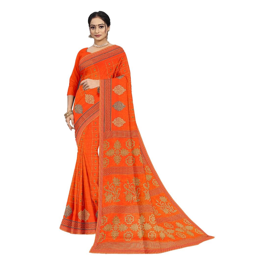 Authenzaa Women Cotton Saree ATWS002 Orange