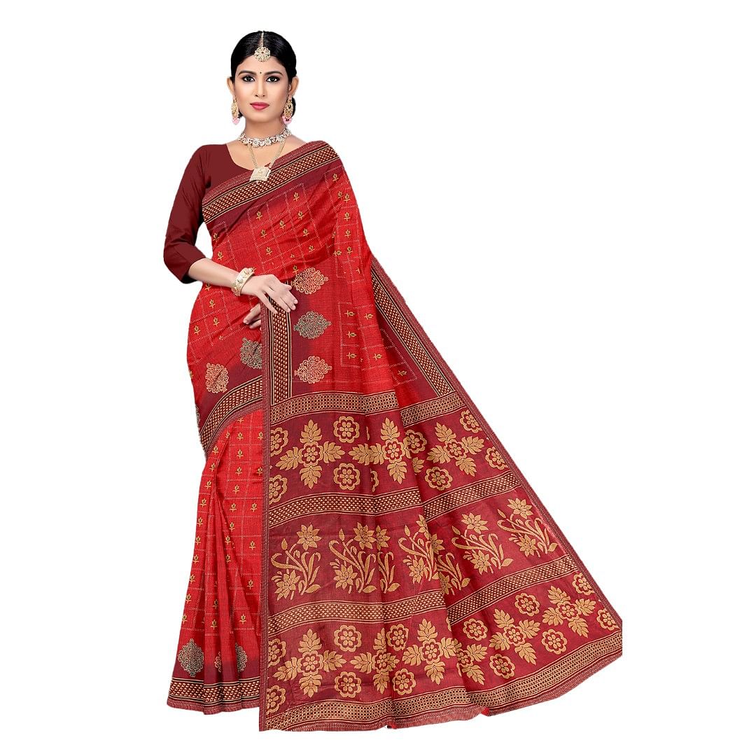 Authenzaa Women Cotton Saree ATWS002 Red