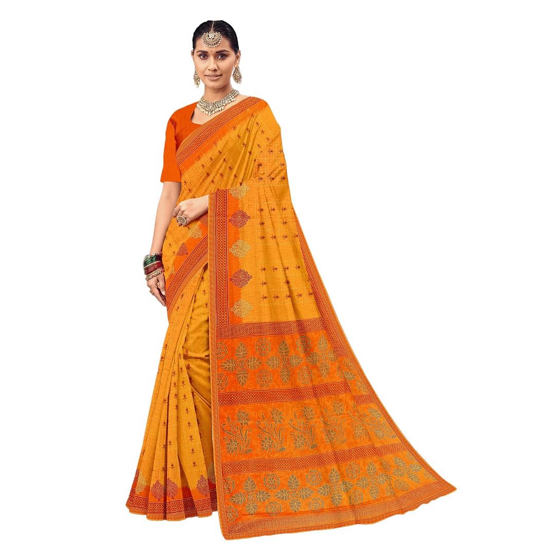 Authenzaa Women Cotton Saree ATWS002 Yellow