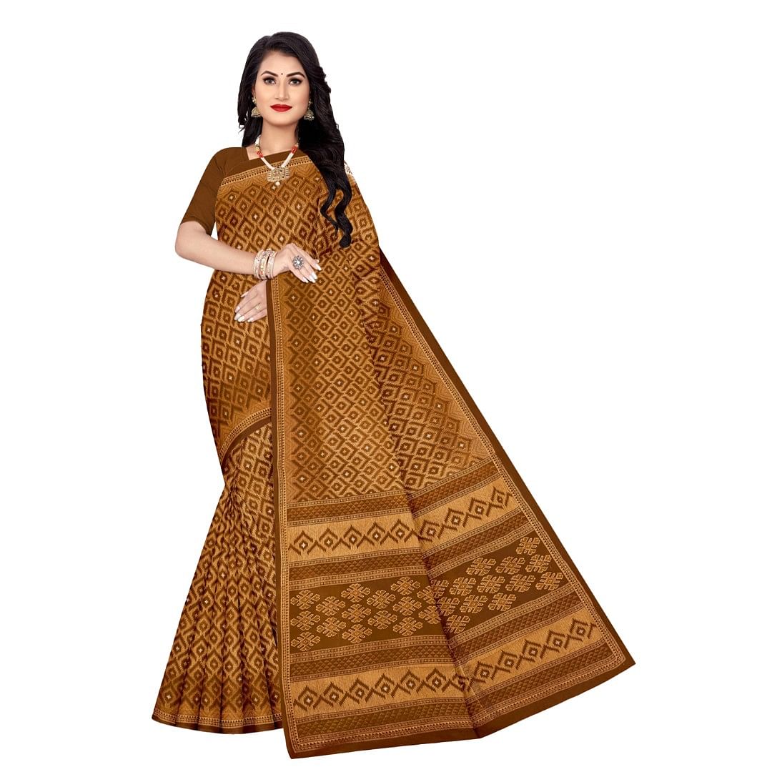 Authenzaa Women Cotton Saree ATWS004 Brown