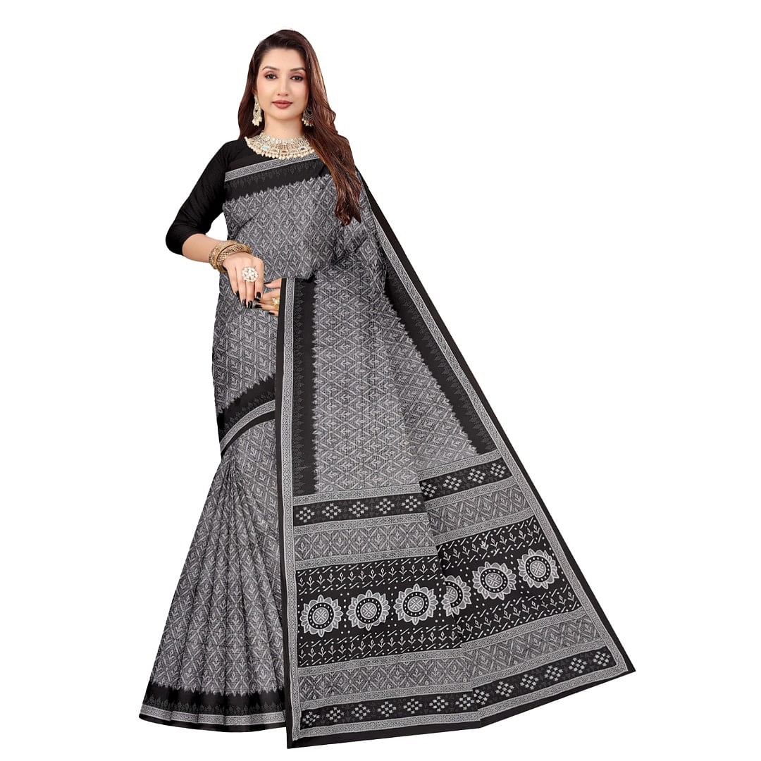 Authenzaa Women Cotton Saree ATWS004 Grey