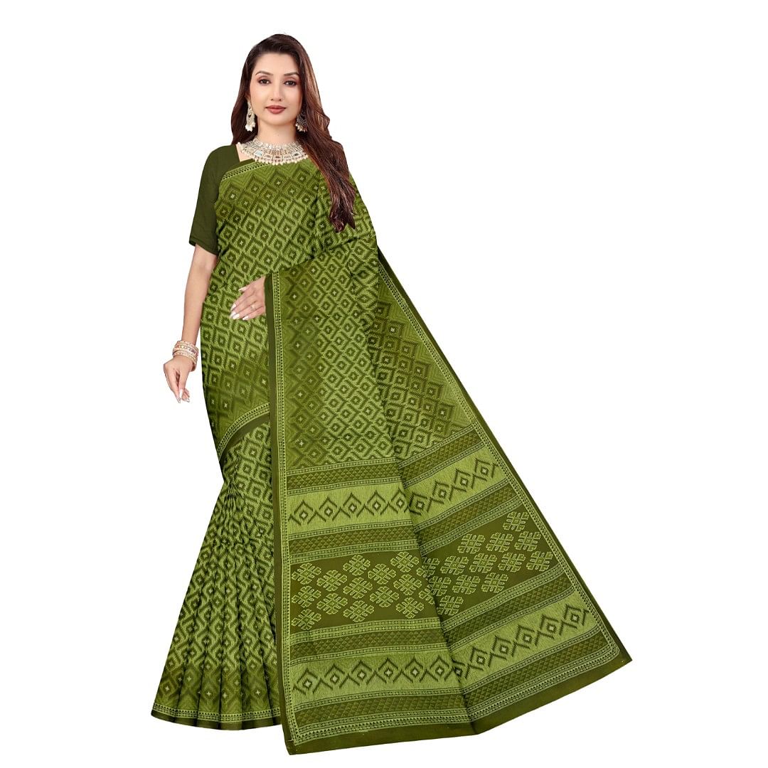 Authenzaa Women Cotton Saree ATWS004 Mahendi