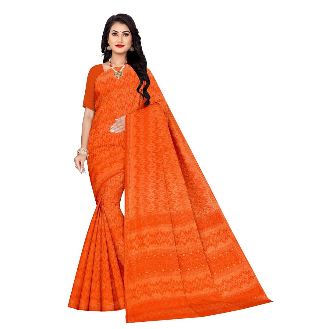 Authenzaa Women Cotton Saree ATWS004 Orange