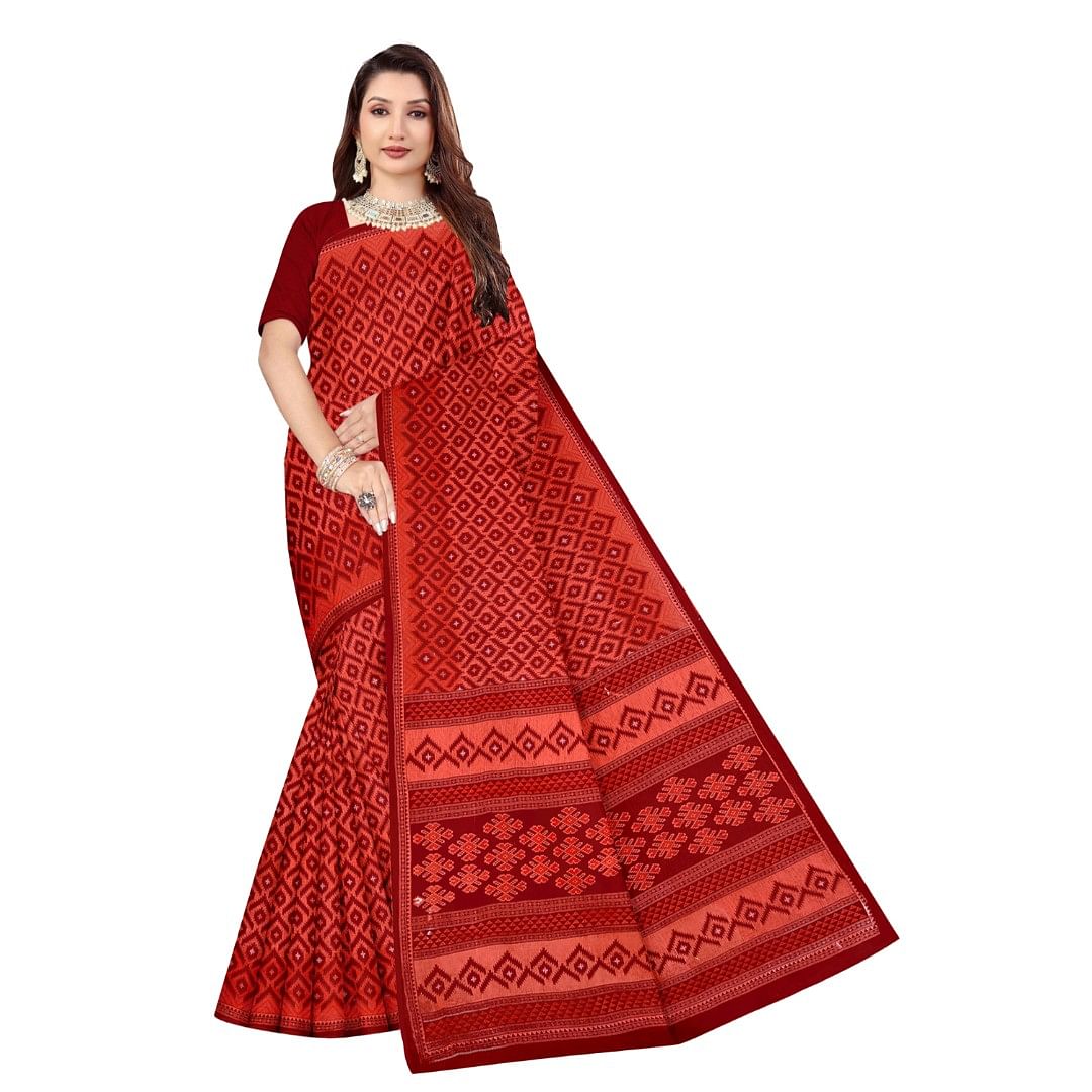 Authenzaa Women Cotton Saree ATWS004 Red