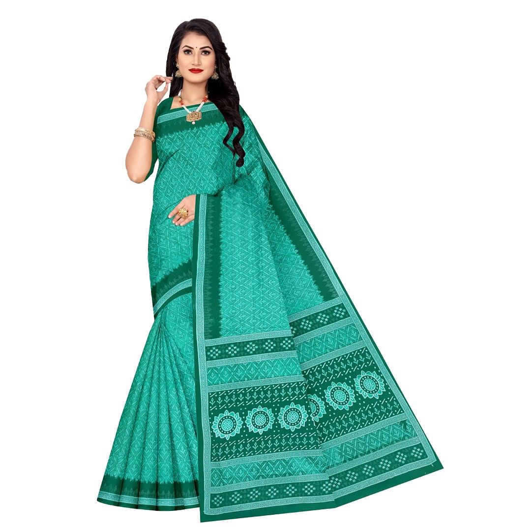 Authenzaa Women Cotton Saree ATWS004 Sea Green