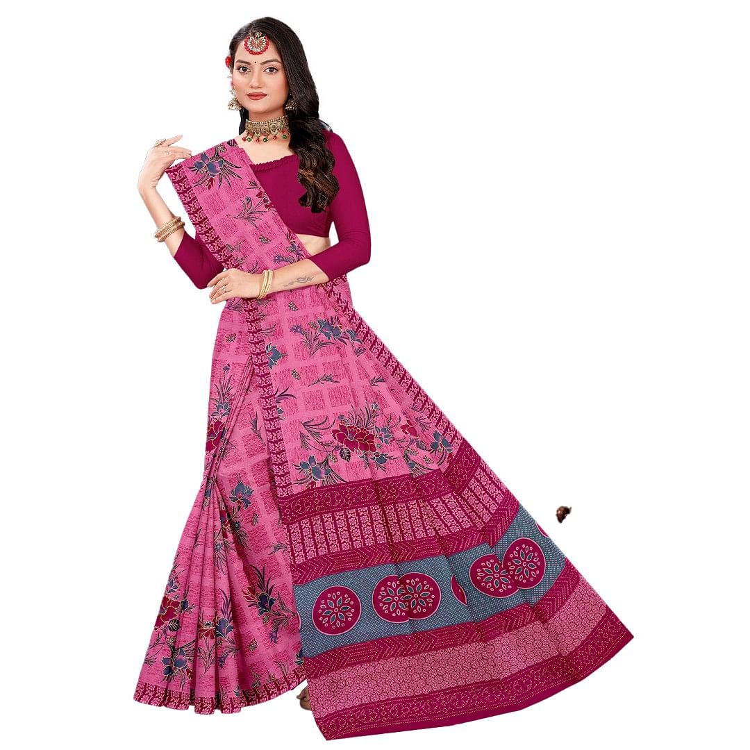 Authenzaa Women Cotton Saree ATWS005 Coral