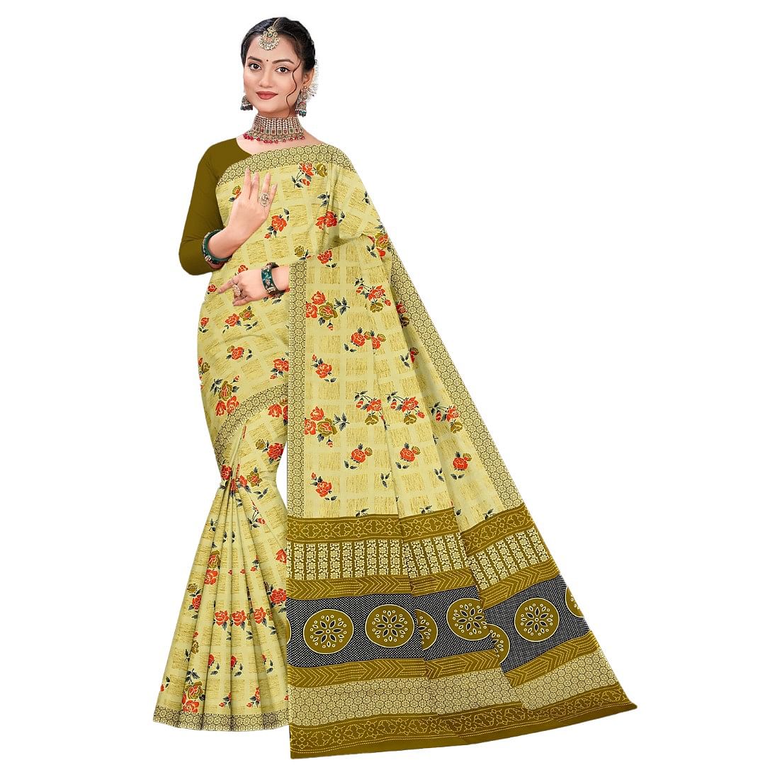 Authenzaa Women Cotton Saree ATWS005 Light Yellow