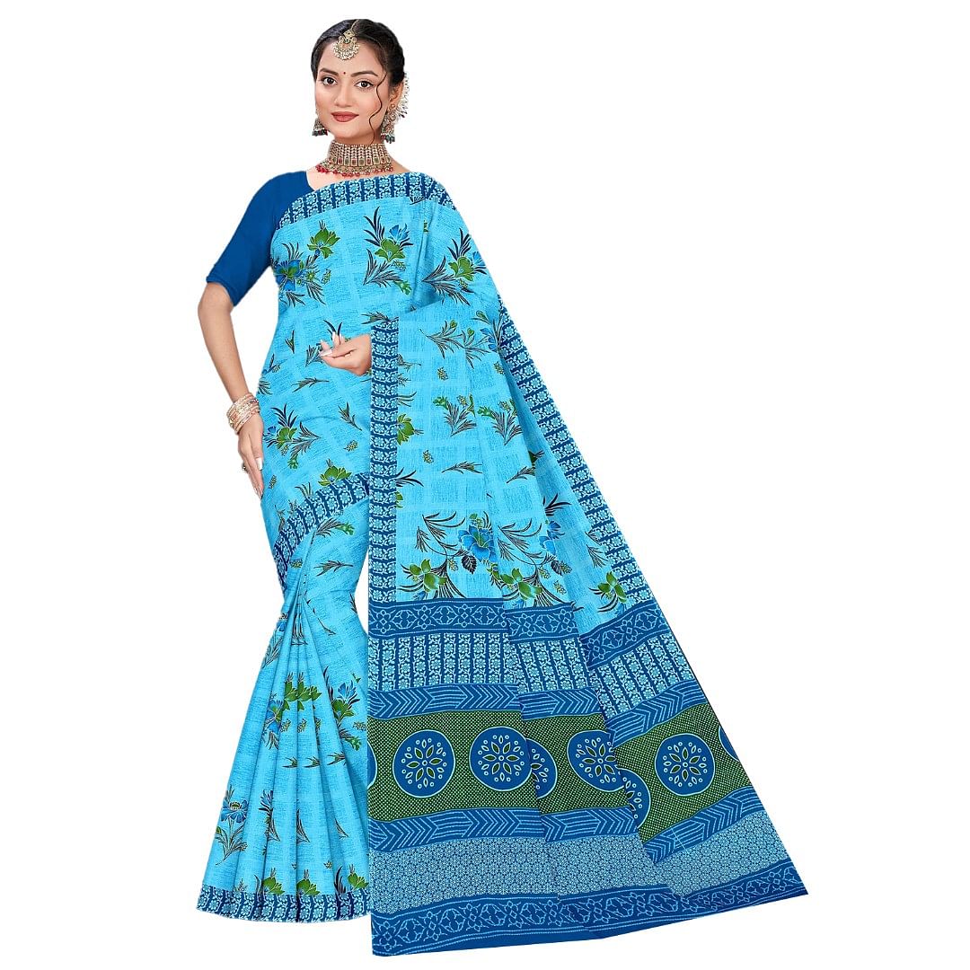 Authenzaa Women Cotton Saree ATWS005 Lapis