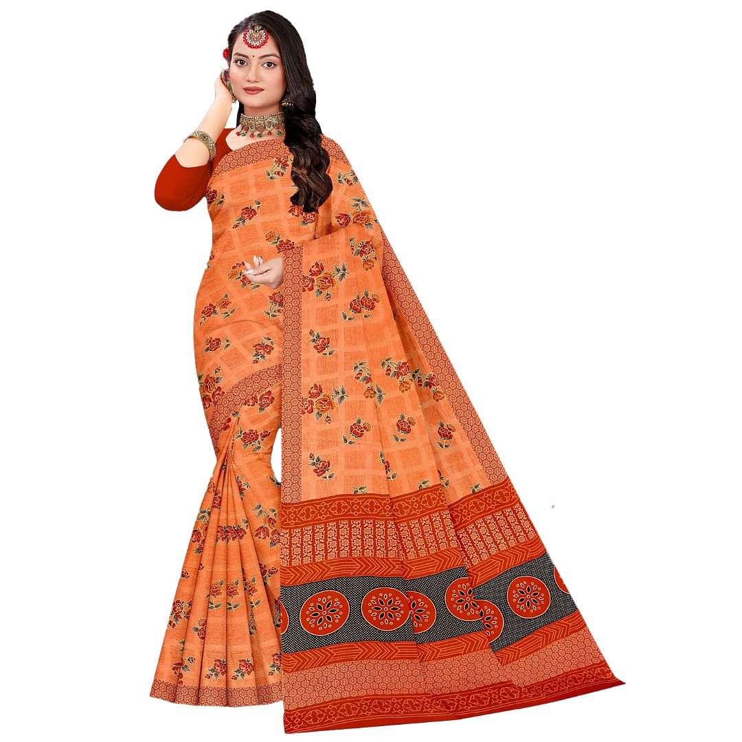 Authenzaa Women Cotton Saree ATWS005 Orange