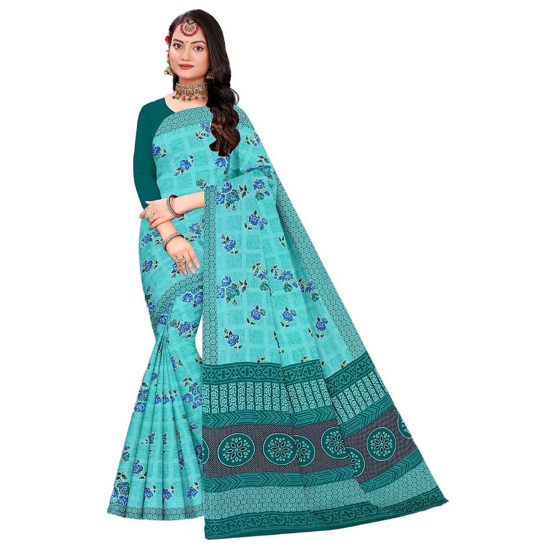 Authenzaa Women Cotton Saree ATWS005 Sea Green