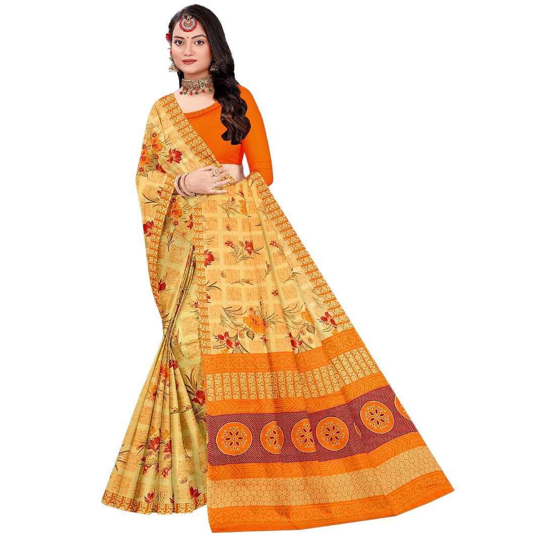 Authenzaa Women Cotton Saree ATWS005 Yellow
