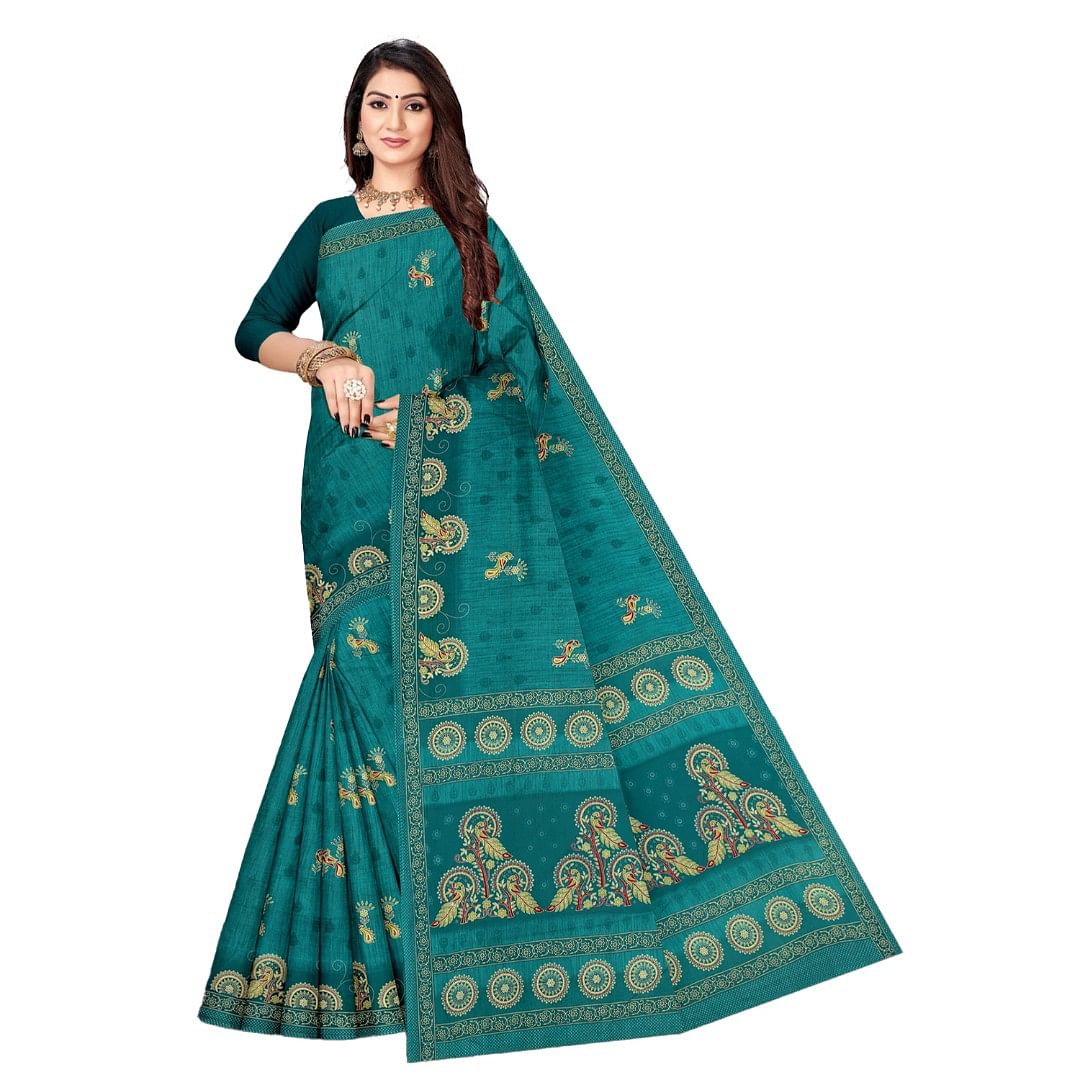 Authenzaa Women Cotton Saree ATWS007 Green