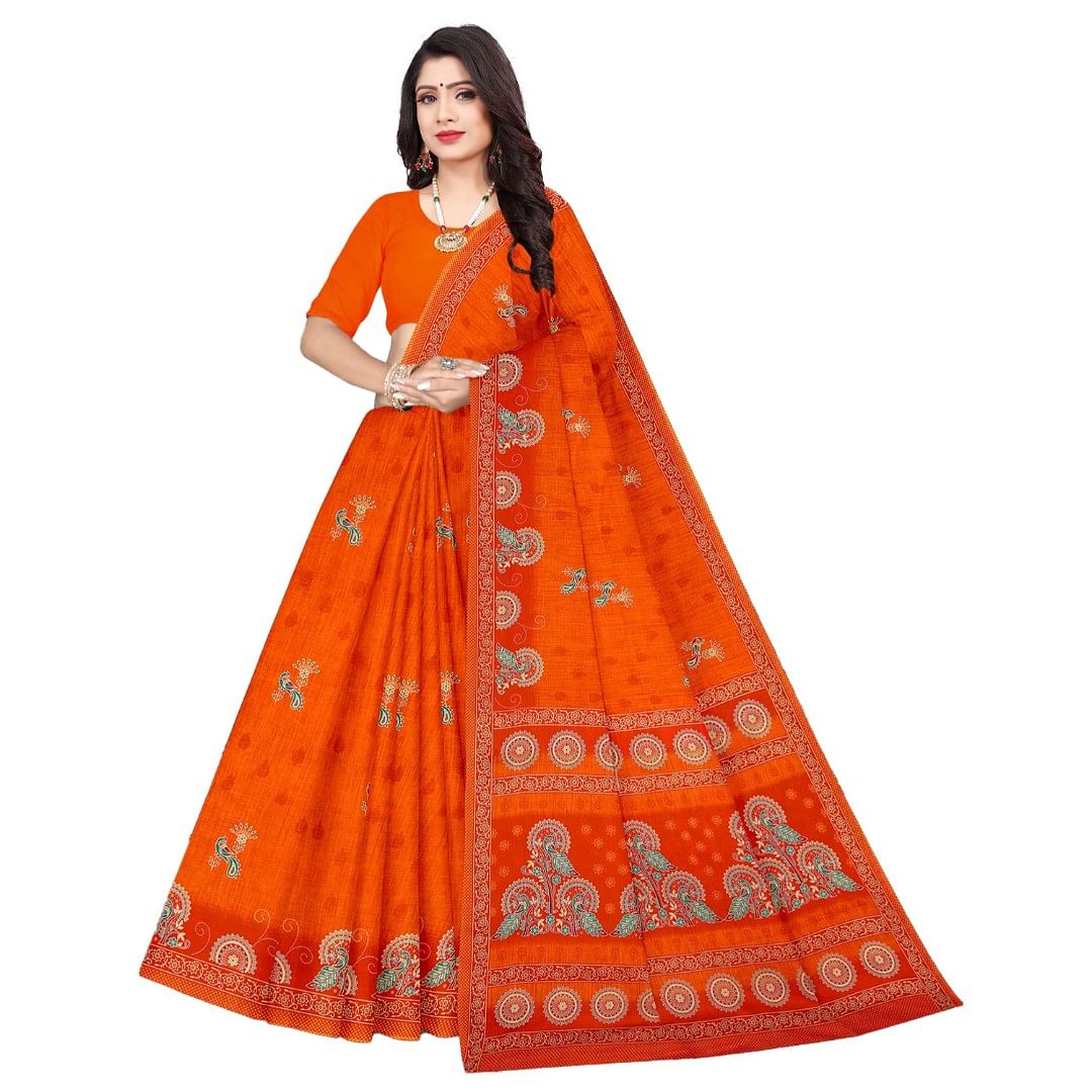 Authenzaa Women Cotton Saree ATWS007 Orange