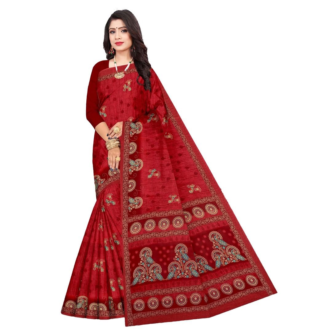 Authenzaa Women Cotton Saree ATWS007 Red