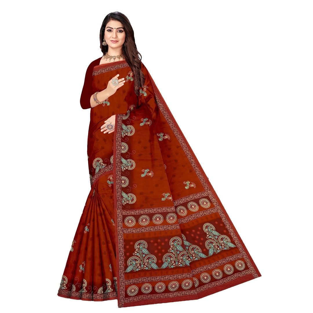 Authenzaa Women Cotton Saree ATWS007 Rust