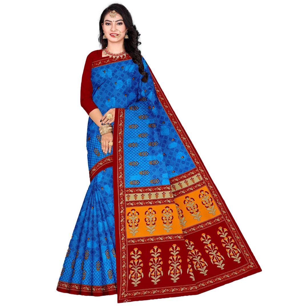 Authenzaa Women Cotton Saree ATWS008 Blue