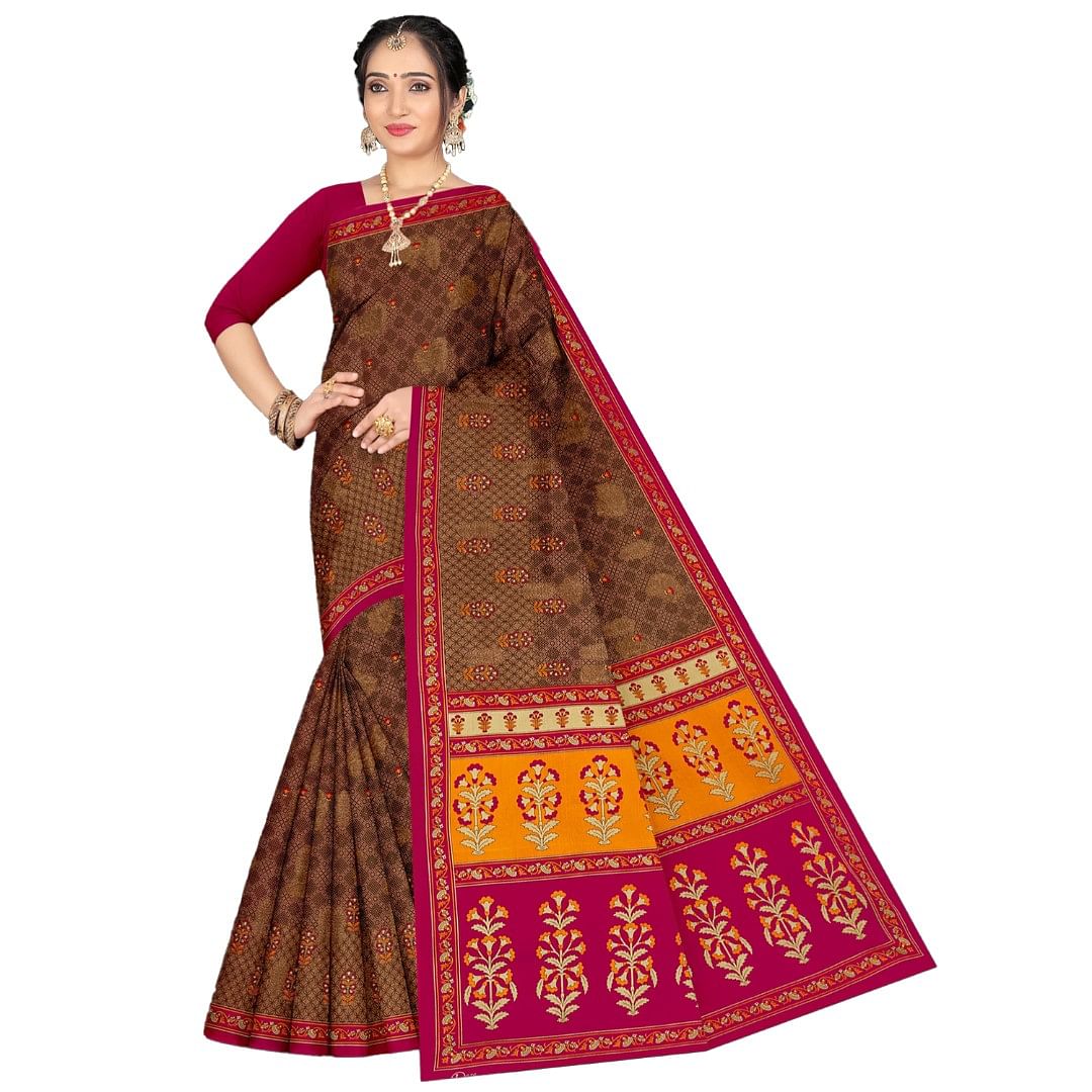 Authenzaa Women Cotton Saree ATWS008 Brown