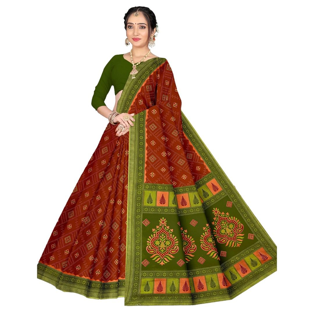 Authenzaa Women Cotton Saree ATWS008 Dark Red