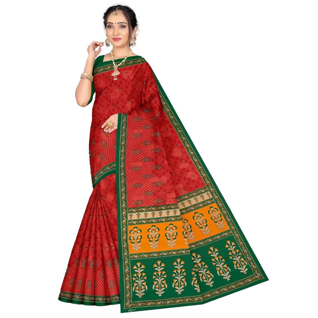 Authenzaa Women Cotton Saree ATWS008 Red