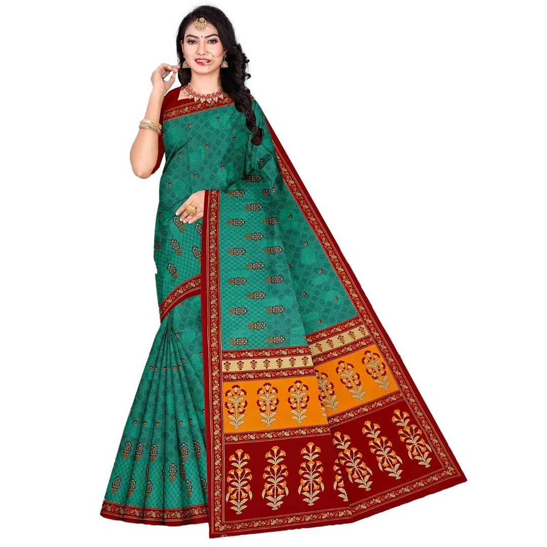 Authenzaa Women Cotton Saree ATWS008 Sea Green