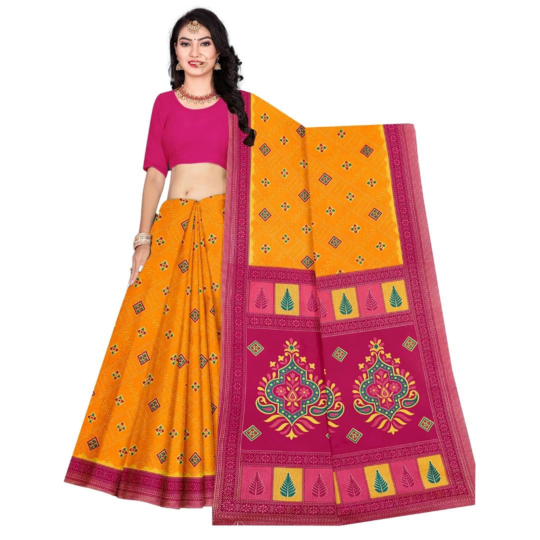 Authenzaa Women Cotton Saree ATWS008 Yellow