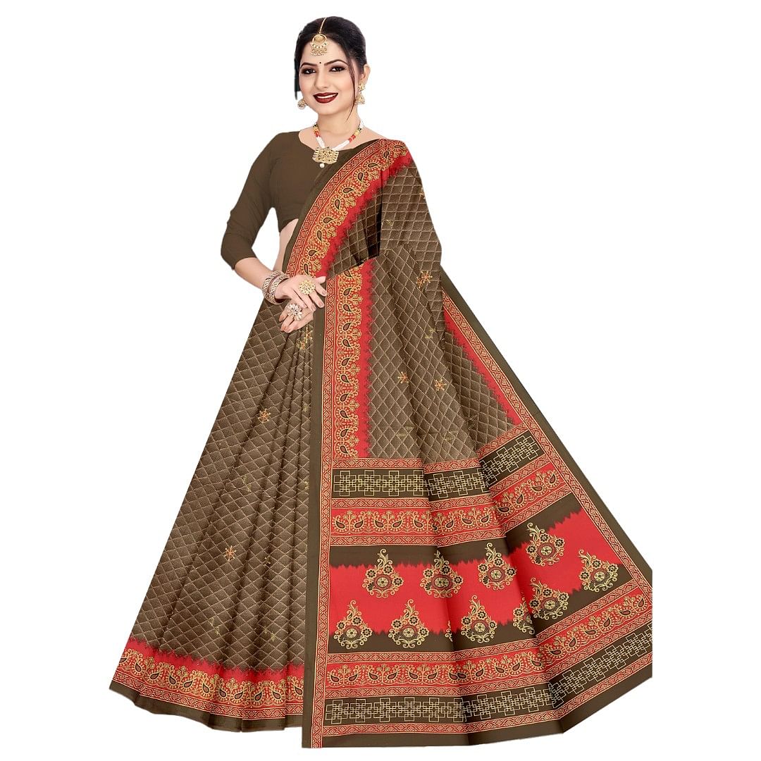 Authenzaa Women Cotton Saree ATWS009 Brown