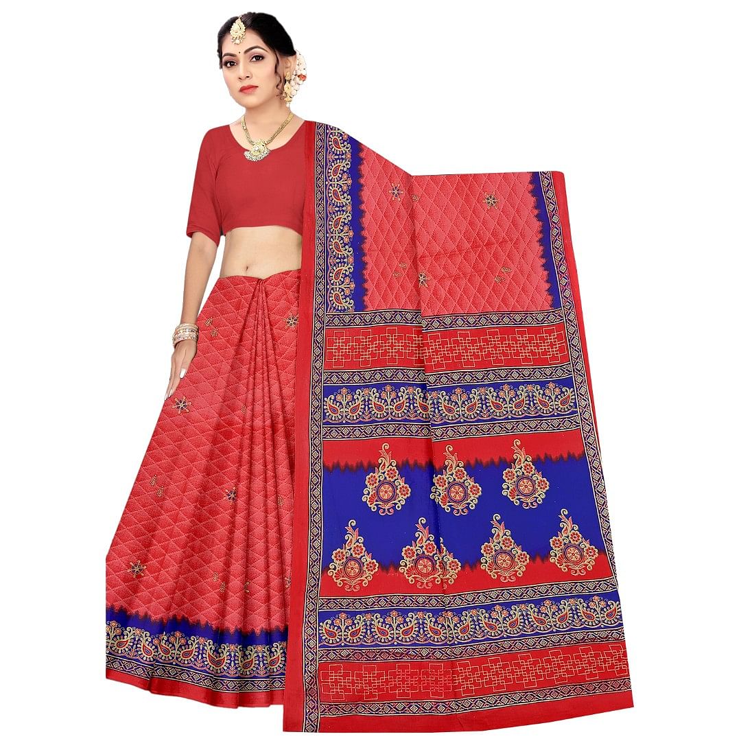 Authenzaa Women Cotton Saree ATWS009 Carrot