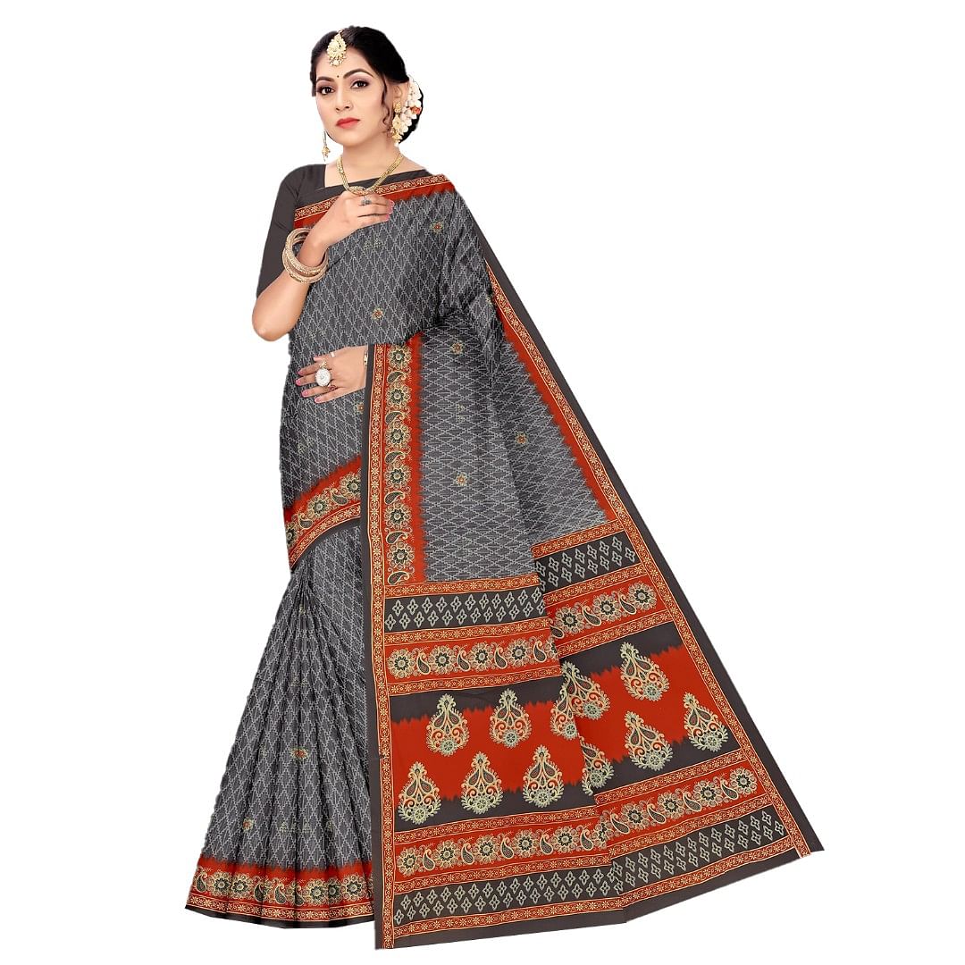 Authenzaa Women Cotton Saree ATWS009 Grey