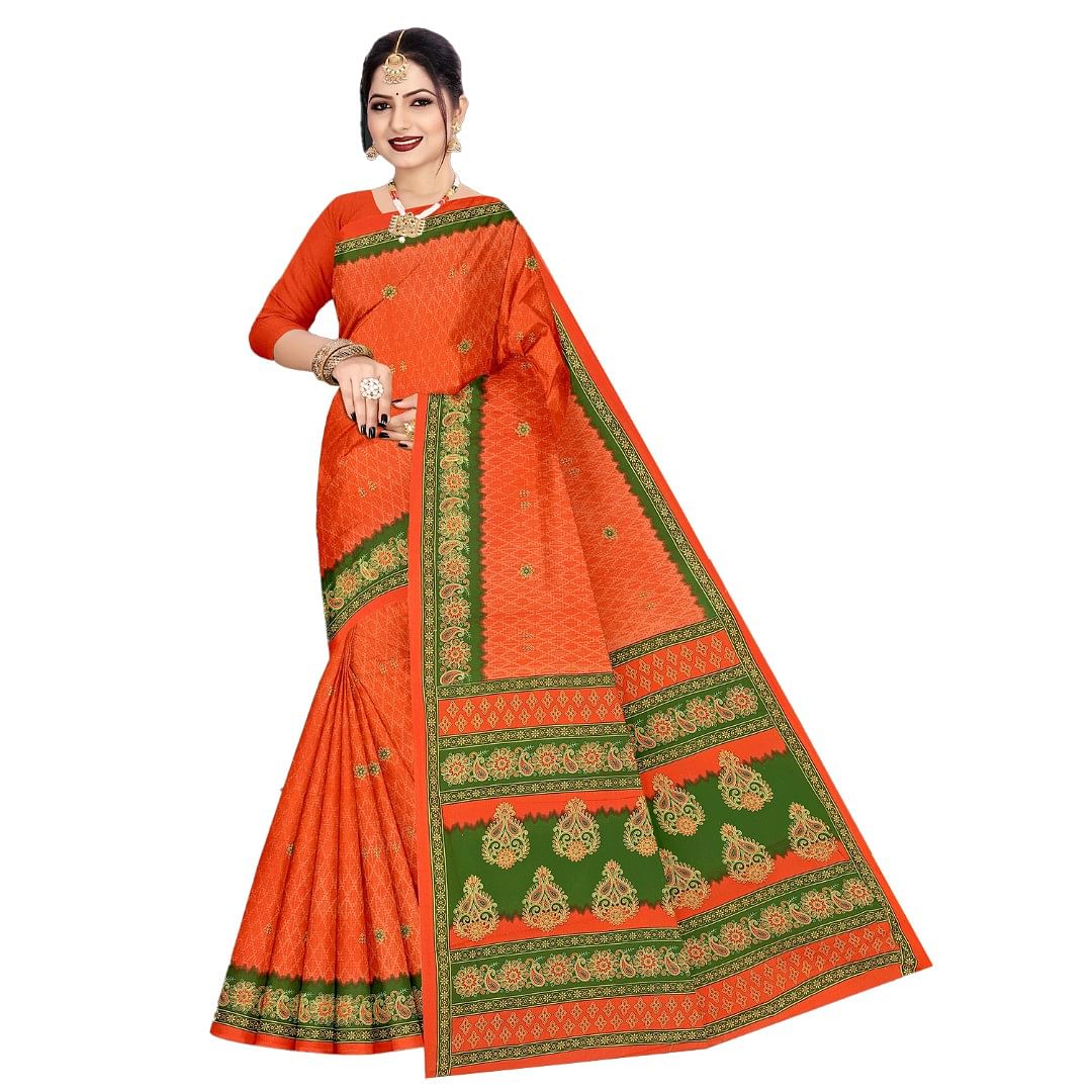 Authenzaa Women Cotton Saree ATWS009 Orange