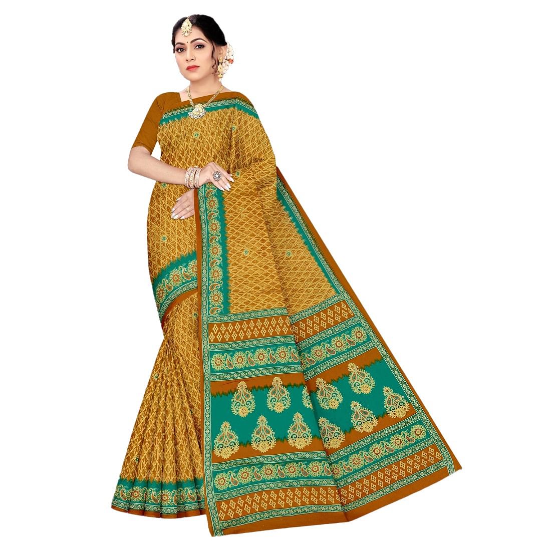 Authenzaa Women Cotton Saree ATWS009 Yellow