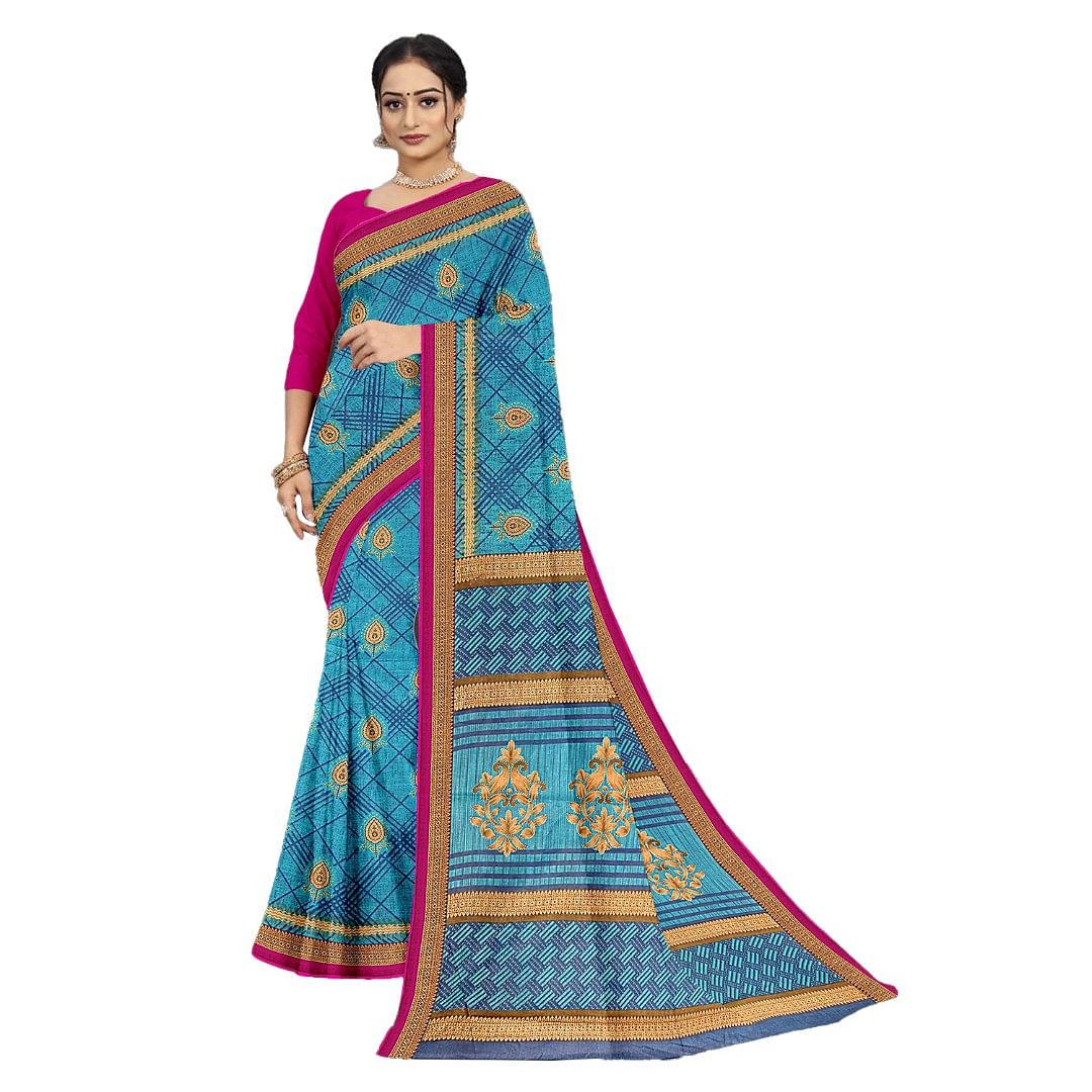Authenzaa Women Cotton Saree ATWS010 Lapis