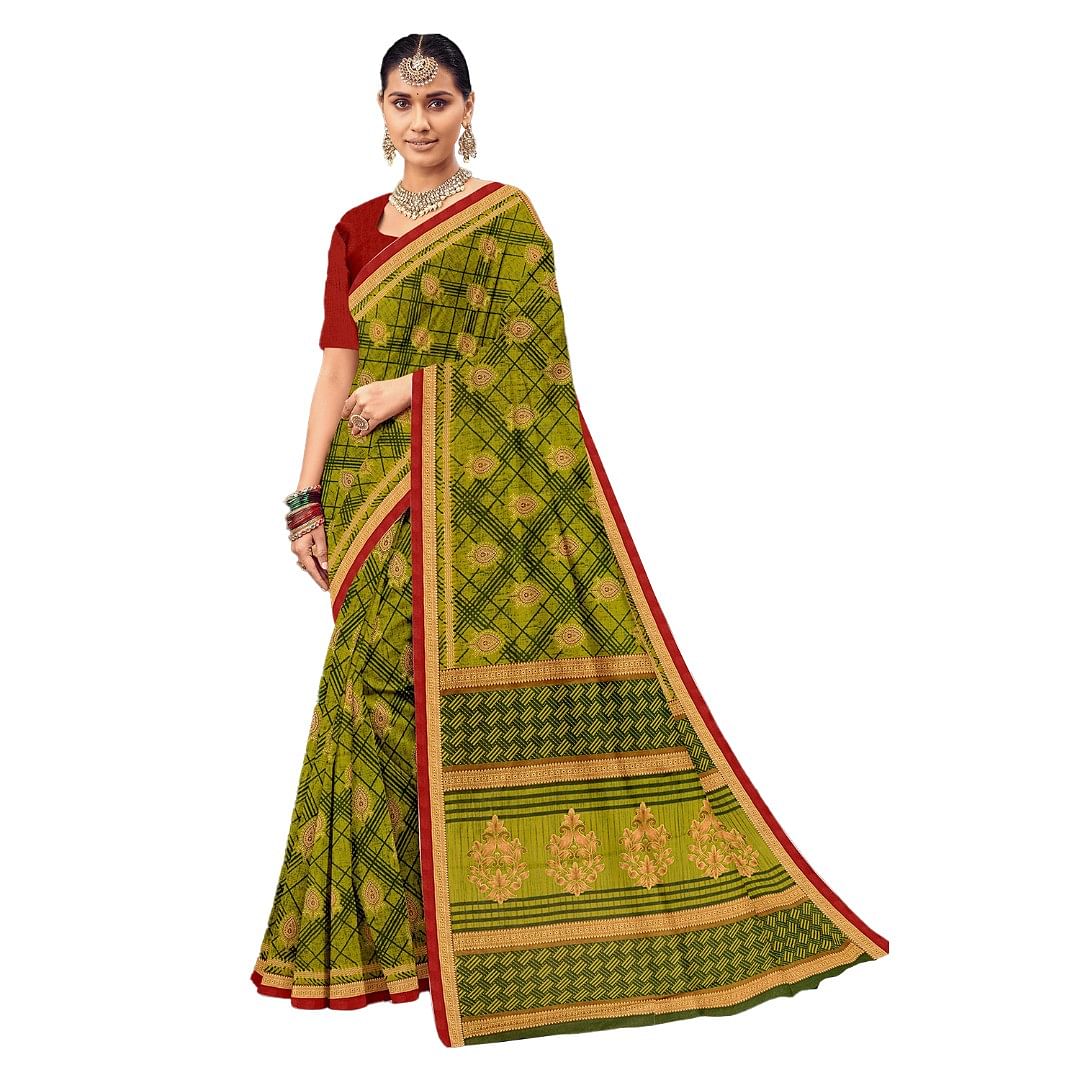 Authenzaa Women Cotton Saree ATWS010 Mahendi