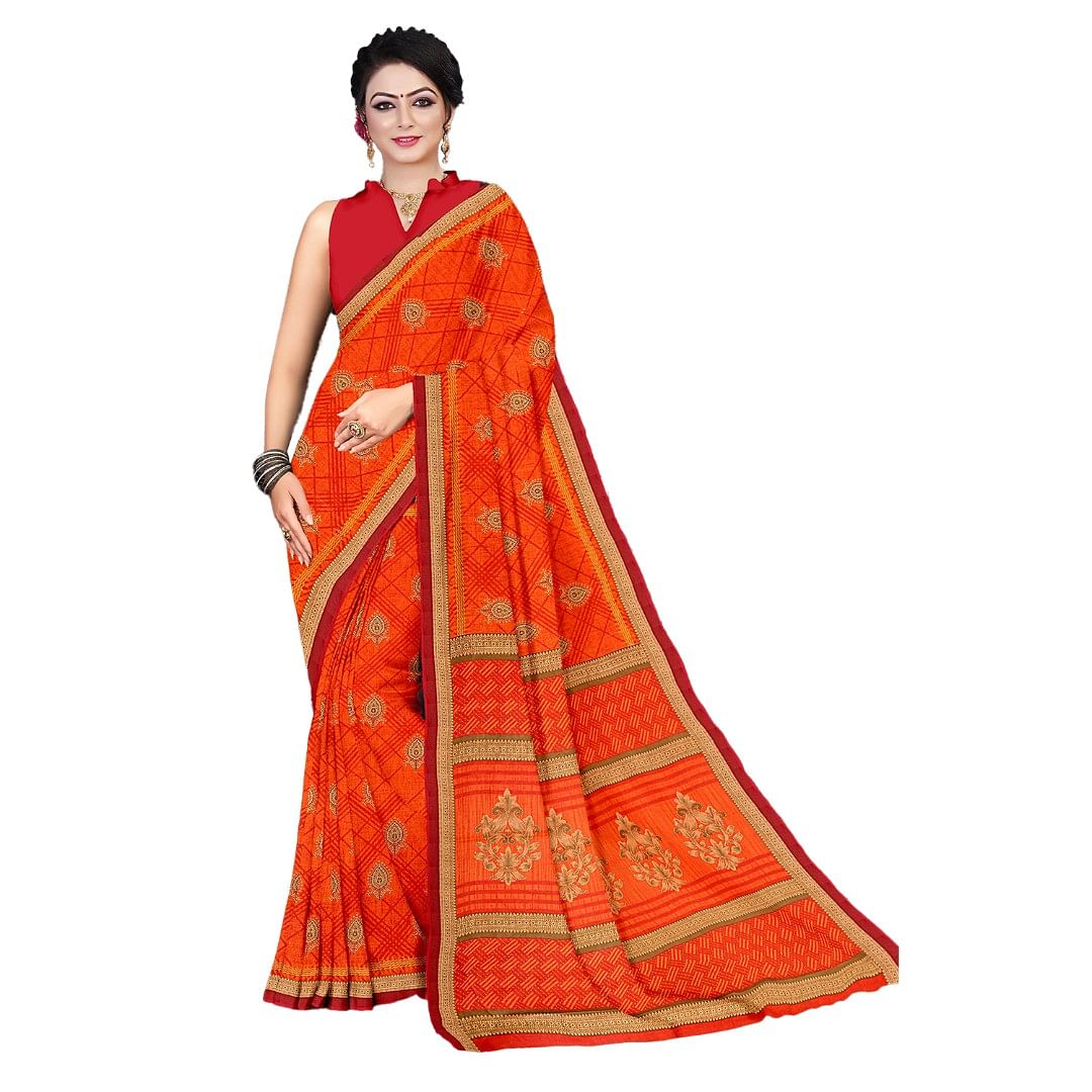 Authenzaa Women Cotton Saree ATWS010 Orange