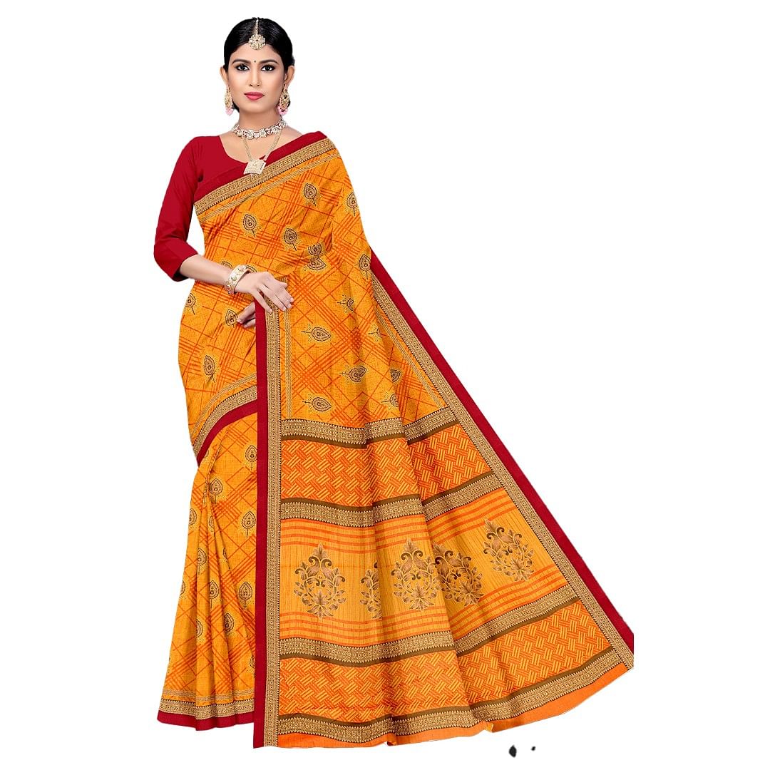 Authenzaa Women Cotton Saree ATWS010 Yellow
