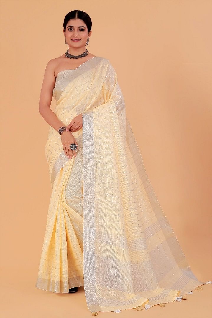 Authenzaa Women Saree YIWS050 Light Yellow 