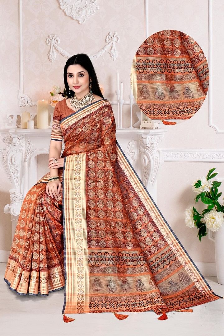 Authenzaa Women Saree ASWS181 RUST 2 