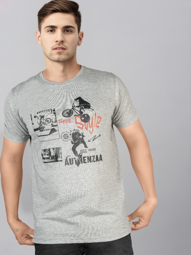 Authenzaa Men Round Neck T-Shirt SFRNT041 Grey Melange 