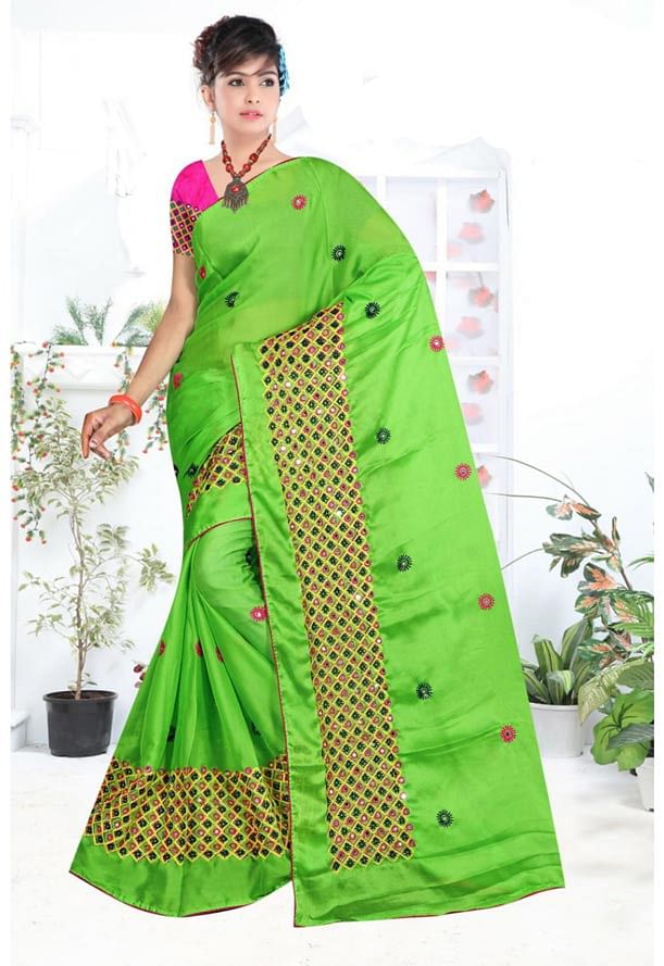 WOMEN SYNTHETIC CHIFFON SAREE WITH BLOUSE-PINK PARROT GREEN-DF LAVANYA 2019