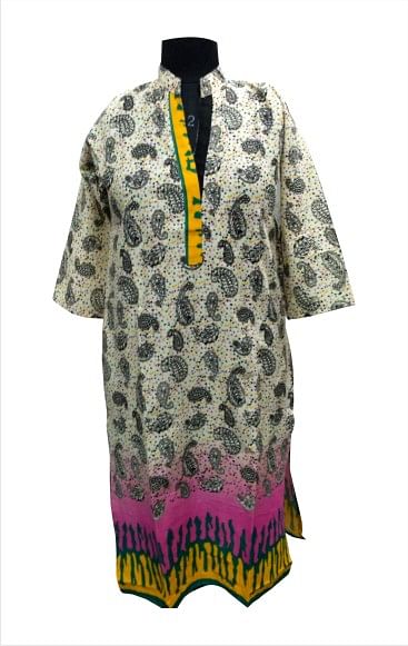 CHITRA D5 - Yellow Printed Standing Collar Kurti with Colourful Bottom