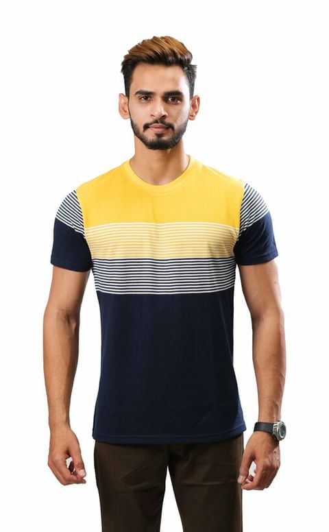 Authenzaa Stripper Round Neck T-Shirt CS-GL2006, Blue Yellow 