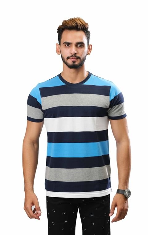 Authenzaa Stripper Round Neck T-shirt -CS-GL2006, BLUE-GREY-WHITE