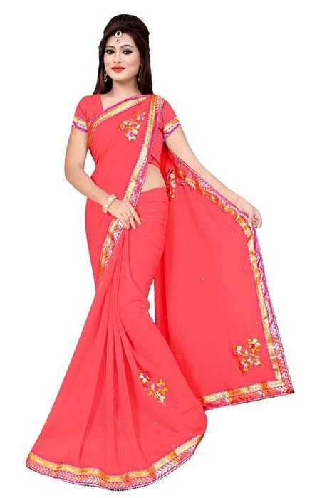 WOMEN SAREE WITH BLOUSE-PINK-DF 3 FLOWER